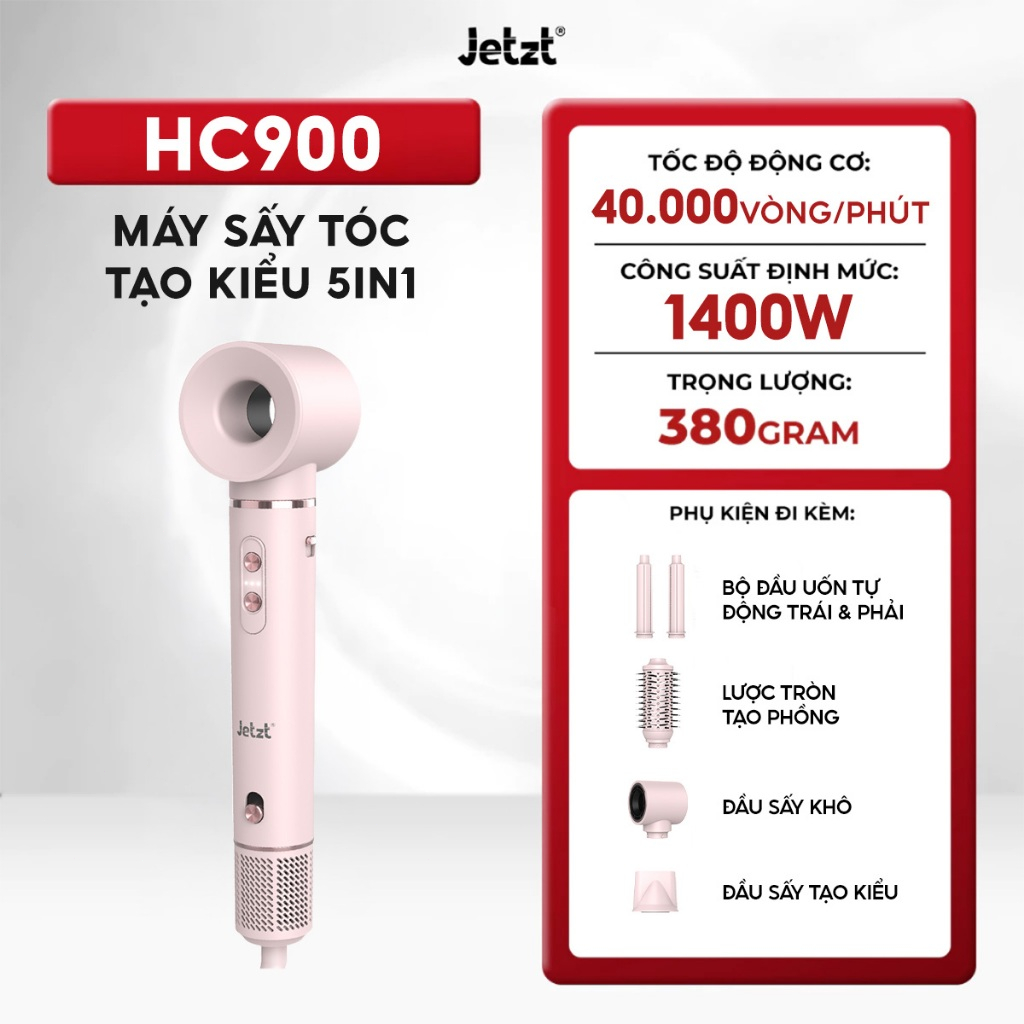 JETZT HC900 AirStyle Pro Máy Sấy Tóc Tạo Kiểu 5in1 - Uốn Xoăn Tự Động,  200 Triệu Ion Âm, 5 Đầu Tạo Kiểu