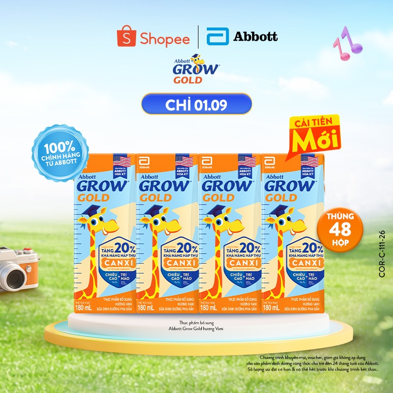 Thùng 48 hộp Sữa nước Abbott Grow Gold hương Vani 180ml (Bao bì thay đổi tùy vào đợt nhập hàng)