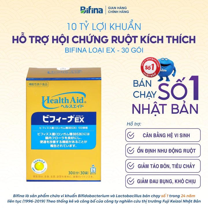 [BifinaxHannah] Men vi sinh Bifina EX Nhật Bản – 30 gói – Hỗ trợ giảm ruột kích thích, đại tràng co thắt, tiêu hóa khoẻ