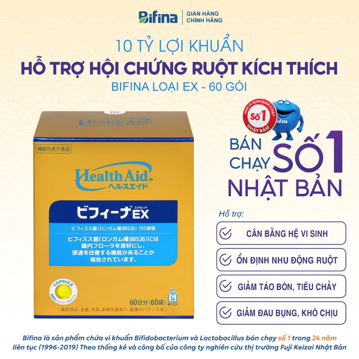 Bifina Nhật Bản - Hỗ Trợ Giảm Hội Chứng Ruột Kích Thích và Đại Tràng Co Thắt - Loại EX, Hộp 30 và 60 Gói