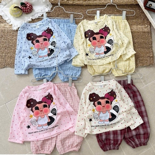 Đồ bộ dài tay thu đông cho bé gái áo+quần caro hot hit, đồ bộ cho bé gái sz 8-20kg