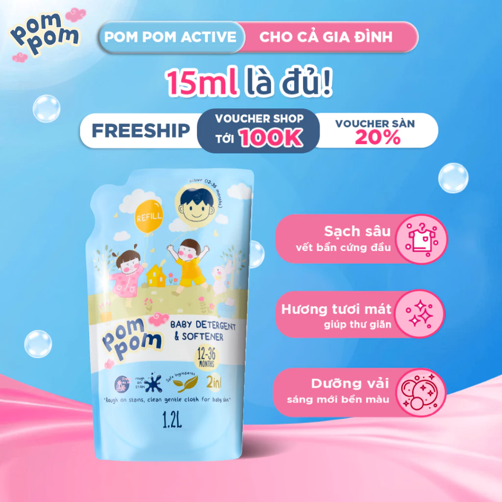 [ACTIVE - CẢ GIA ĐÌNH] [1.2L] Nước Giặt Xả Pom Pom 2in1 Hương Nắng Mai Lành Tính Cho Cả Nhà Mềm Vải Bền Màu 15ml Là Đủ