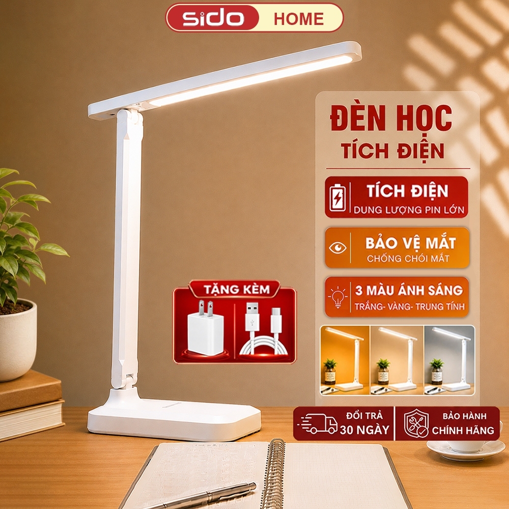 Đèn học để bàn chống cận Sidohome SH16 đèn bàn học tích điện đọc sách 3 màu ánh sáng bảo vệ mắt