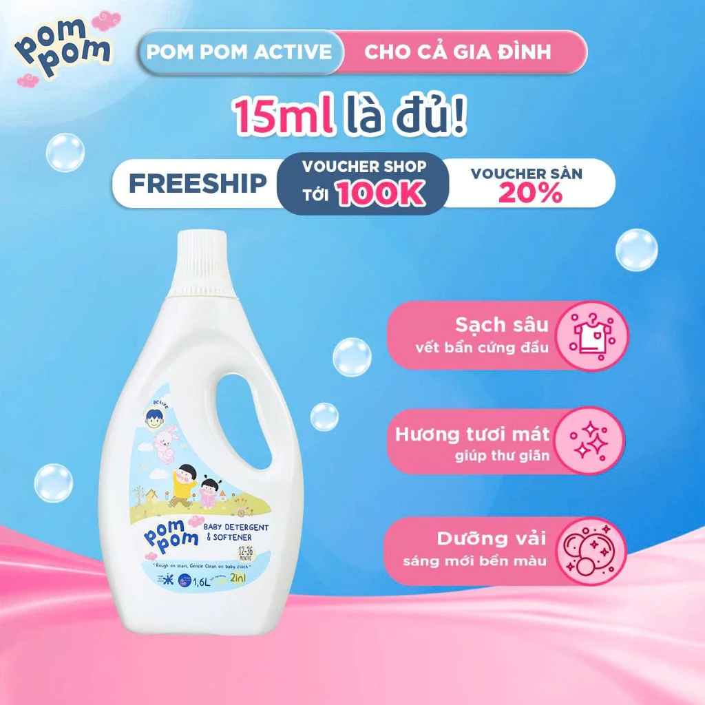 [ACTIVE - CẢ GIA ĐÌNH] [1.6L] Nước Giặt Xả Pom Pom 2in1 Hương Nắng Mai Lành Tính Cho Cả Nhà Mềm Vải Bền Màu 15ml Là Đủ