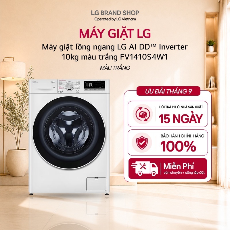 [Chỉ giao miền Nam/Bắc] Máy giặt lồng ngang LG AI DD™ Inverter 10kg màu trắng FV1410S4W1