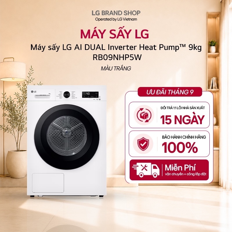 [Chỉ giao miền Nam/Bắc] Máy sấy LG AI DUAL Inverter Heat Pump™ 9kg màu trắng RB09NHP5W