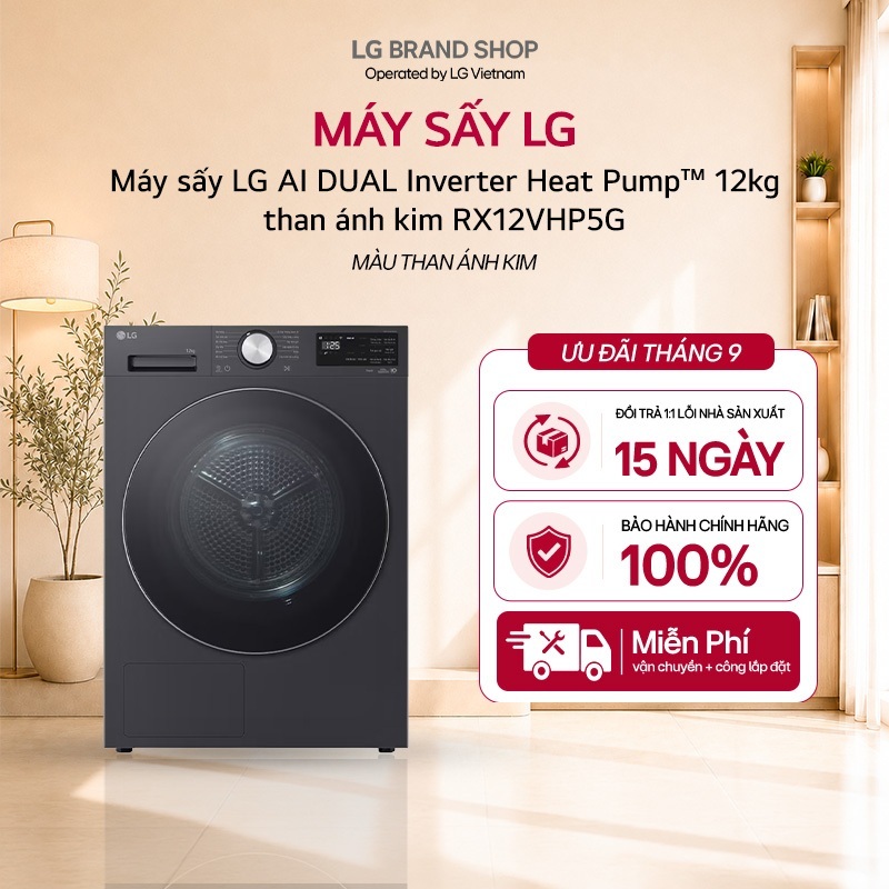 [Chỉ giao miền Nam] Máy sấy LG AI DUAL Inverter Heat Pump™ 12kg than ánh kim RX12VHP5G