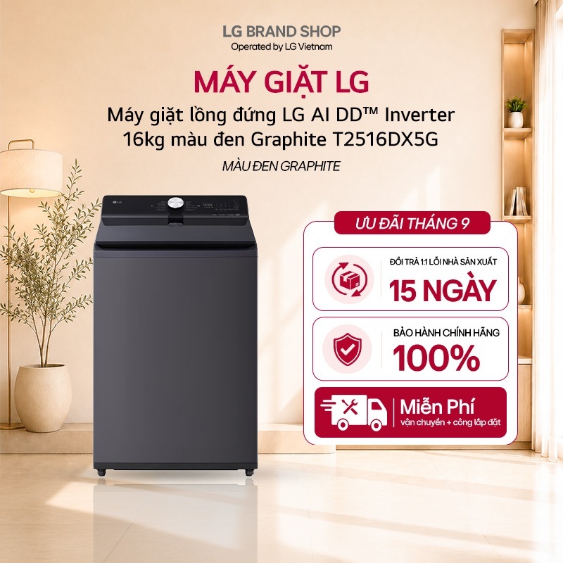 [Chỉ giao miền Nam/Bắc] Máy giặt lồng đứng LG AI DD™ Inverter 16kg màu đen Graphite T2516DX5G