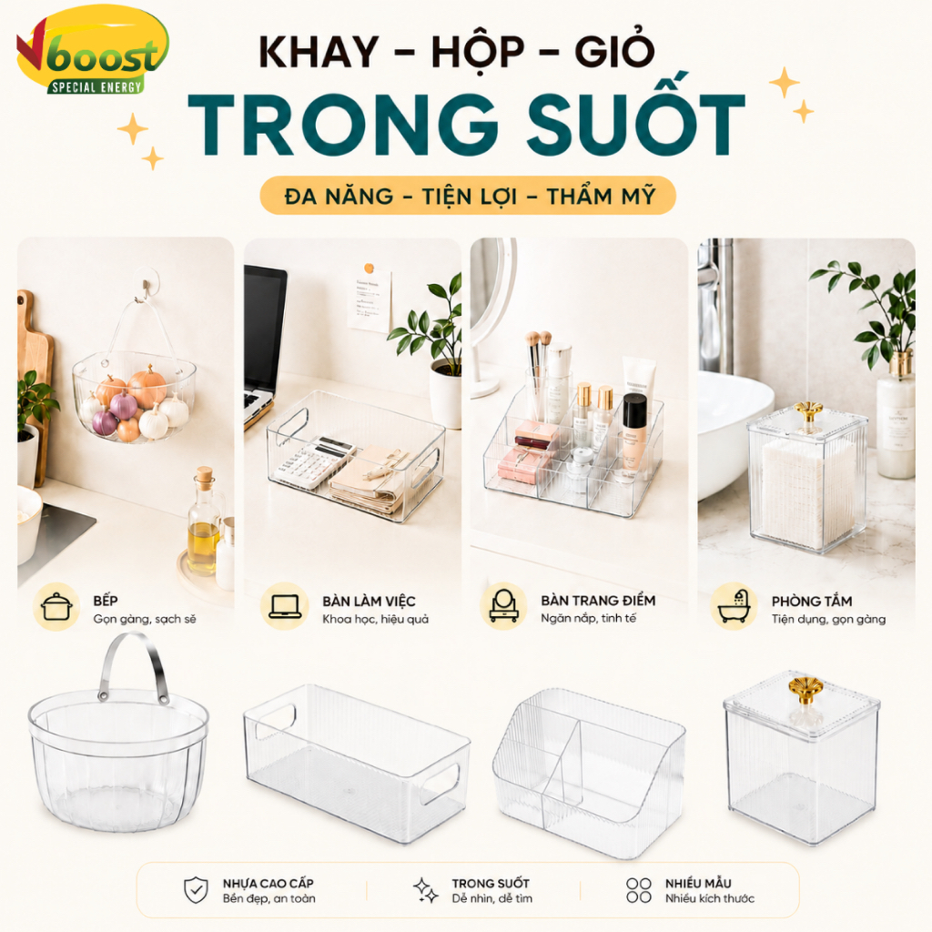 Khay Hộp Giỏ Nhựa Trong Suốt Vboost Đa Năng Đựng Đồ Mỹ Phẩm, Nhà Bếp, Nhà Tắm, Bàn Làm Việc