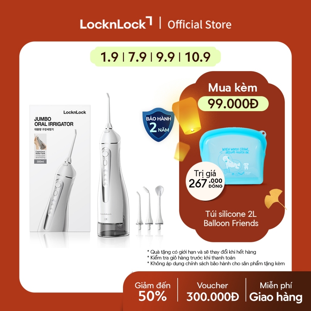 Máy tăm nước Lock&Lock Jumbo oral irrigator 300ml 3 loại đầu tăm 4 chế độ sử dụng đến 20 ngày Màu xám ENR166GRY