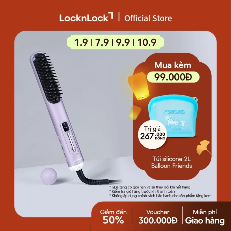 Lược điện tạo kiểu LocknLock Hair styling brush ENA223PUP công suất 43W, răng nhiệt phủ sứ, công nghệ ion âm - Màu tím — ảnh 1