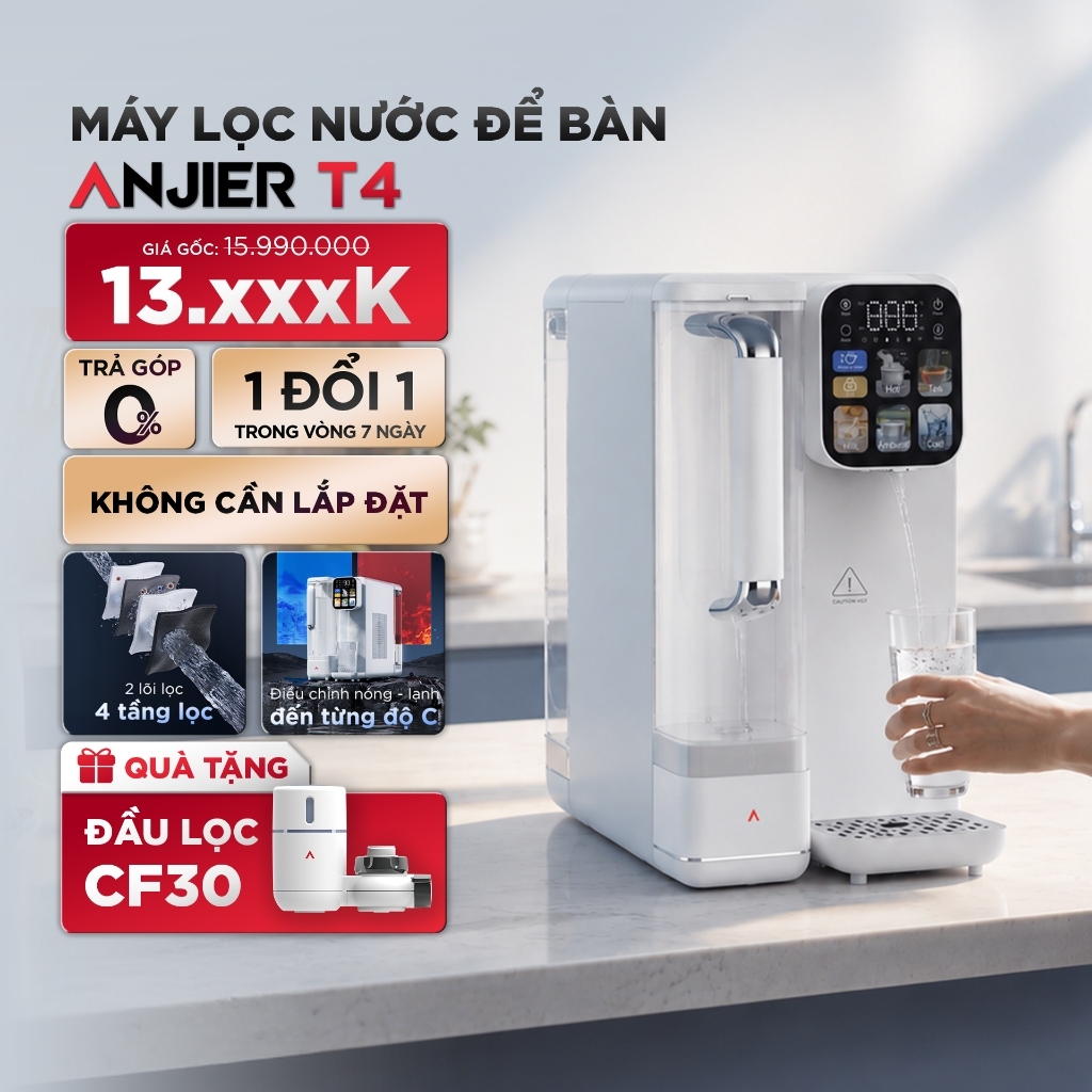 [TẶNG ĐẦU LỌC CF30] Máy Lọc Nước Để Bàn ANJIER T4 Bù Khoáng Nóng Lạnh | Chính Xác Nhiệt Độ-Lõi Lọc Đôi-UVC khử khuẩn