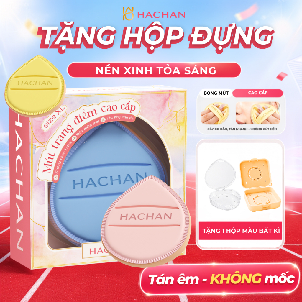 [TẶNG HỘP ĐỰNG] Bông mút trang điểm HACHAN Size XL mềm mại đàn hồi cao, tán nhanh, không hút kem