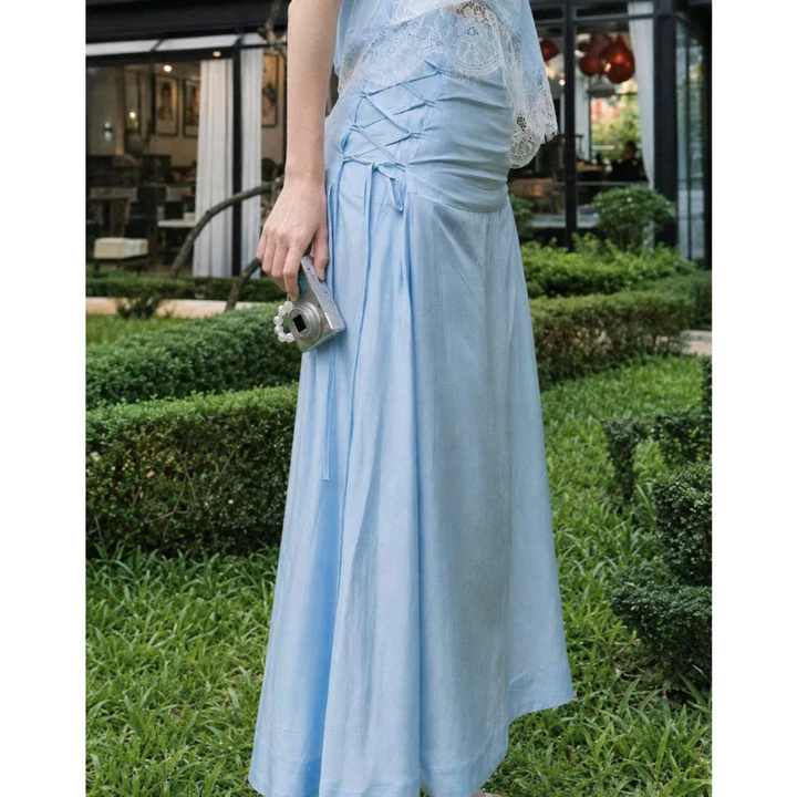 Set váy 2 dây nữ phối ren dây rút, set áo chân váy dài nữ dáng maxi chất rayon cotton đi biển YMY Y06KS09