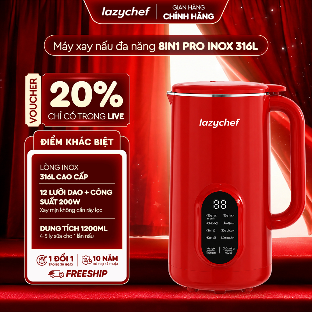 [PHIÊN BẢN MỚI] Máy xay nấu đa năng 8in1 Pro Lazychef 1200ml, Inox 316L, Ủ Sữa Chua, Nấu Sữa Hạt Nhanh, BH 12 Tháng
