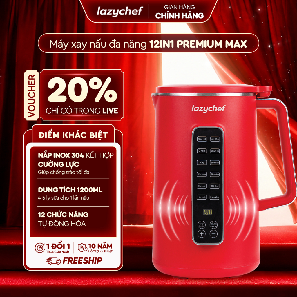 Máy Làm Sữa Hạt Lazychef Premium Max 12in1 1200ml, Xay Nấu Đa Năng, Ủ Sữa Chua, chống trào, BH 12 Tháng