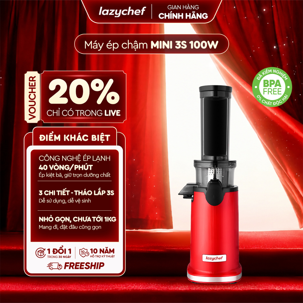 Máy Ép Chậm Mini 3S 100w Lazychef - Máy Ép Trái Cây, Làm Kem Hoa Quả, Tháo Lắp 3s, Công Nghệ Ép Lạnh