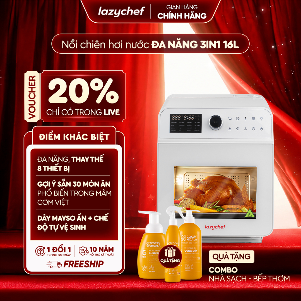Nồi Chiên Không Dầu Hơi Nước LazyChef 16L, Lò Nướng Đa Năng Cao Cấp 8in1, Dây Mayso Ẩn Dễ Vệ Sinh, BH 24 Tháng