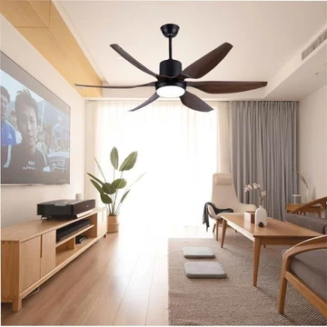 Quạt Trần Trang Trí Phòng Khách, Quạt Trần Đèn 6 Cánh Màu Vân Gỗ, Động Cơ DC