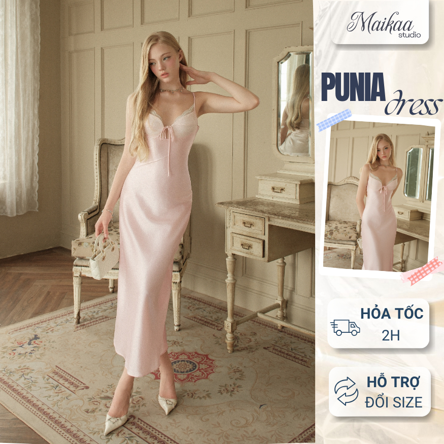 MAIKAA - Váy Lụa Dài 2 Dây Phối Ren Nữ Tính, Đầm Lụa Satin Dáng Dài Maxi Cổ Ngực Rút Dây Dáng Ôm Quyến Rũ Punia Dress