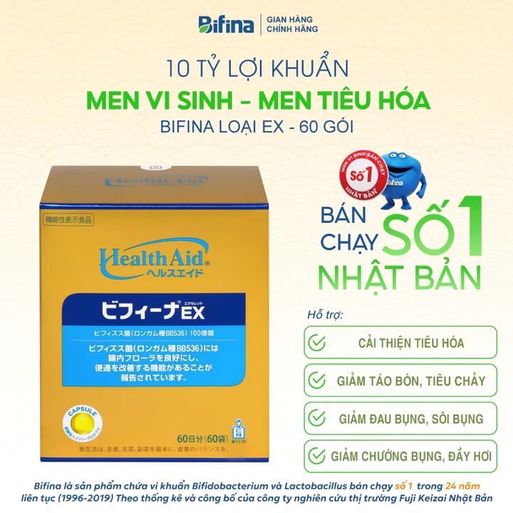 Men Tiêu Hóa Bifina Nhật Bản Loại EX - Hỗ trợ giảm táo bón, tiêu chảy, tiêu hoá khoẻ - Hộp 60 Gói