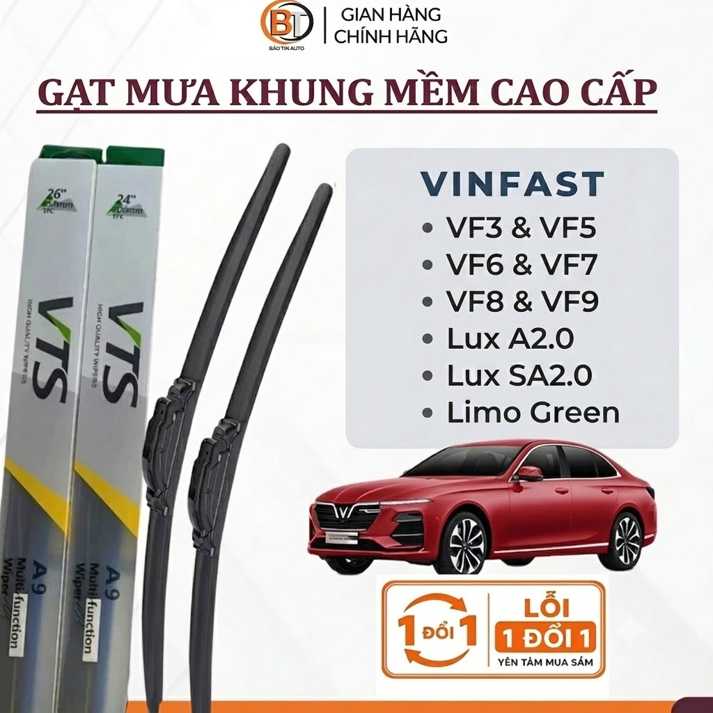 Gạt mưa VTS khung mềm ô tô lưỡi SILICON dòng xe điện Vinfast VF3, VF5,VF6,VF7,VF8,VF9,Limo Green,LUX A,LUX SA,.gạt êm