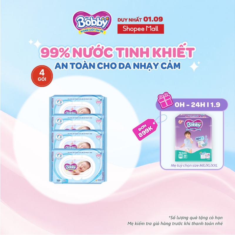 Bộ 4 gói Khăn ướt Bobby không mùi 100 tờ/gói (Xanh)