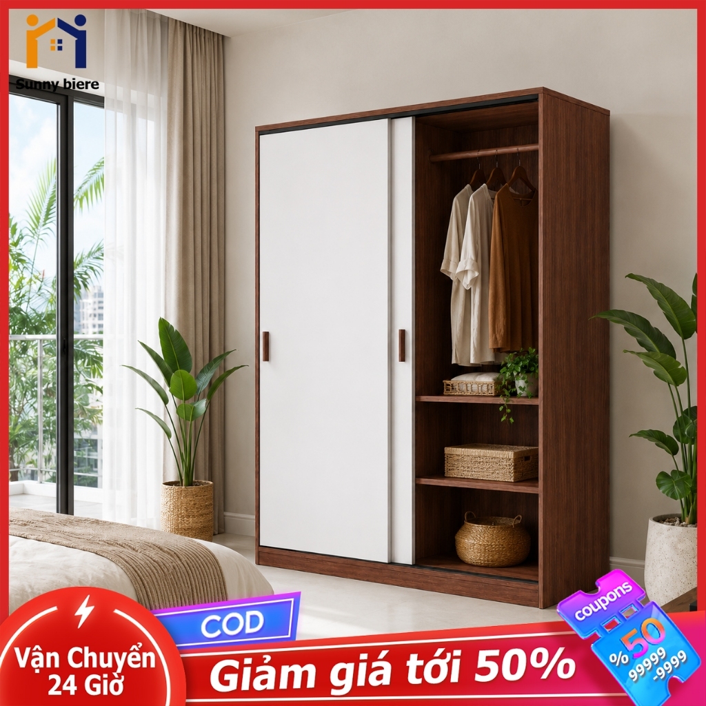 SUNNY Tủ quần áo cửa lùa 2 cánh, sâu 45cm, nhiều ngăn, tiết kiệm diện tích, phòng ngủ