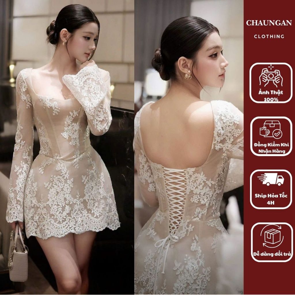 Đầm Ren Corset Tay Dài Thắt Dây Lưng Cao Cấp