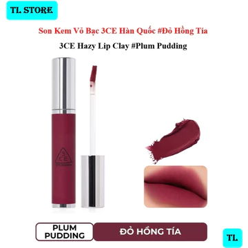 Son Kem 3CE Hàn Quốc Vỏ Bạc Màu #Đỏ Hồng Tía – 3CE Hazy Lip Clay #PLUM PUDDING 4.0g