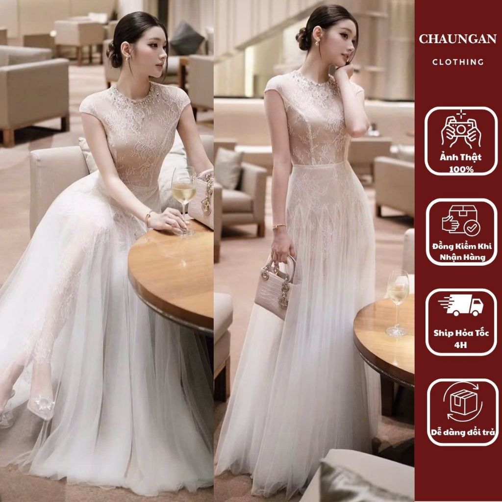 Đầm Maxi Ren Trắng Kem Cổ Tròn Đính Đá Phối Tơ Bay Bổng