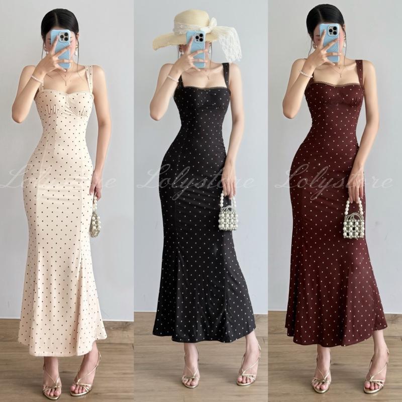 Đầm body nữ dáng dài co dãn hoạ tiết chấm bi phối 2 dây Lolystore HL304
