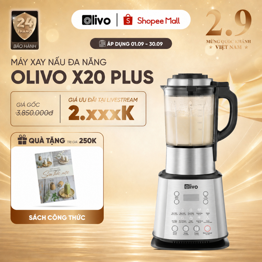Máy Làm Sữa Hạt OLIVO X20 PLUS 1.75L – Có Tới 3 Chức Năng Nấu Sữa, Tạm Dừng Thông Minh - Nấu Sữa, Nấu Cháo