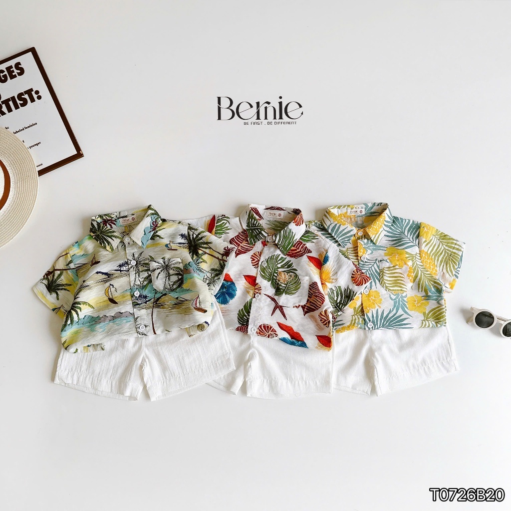 Set sơ mi đũi bé trai bộ quần áo đi biển hoa lá cây dừa 1 đến 7 tuổi BERNIE Tropical T0726B20