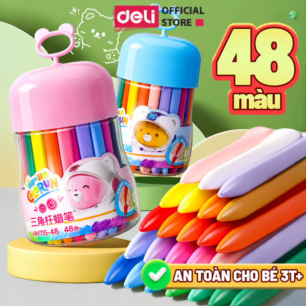 [MUA 3 GIẢM 30%] Bút sáp màu hữu cơ Deli Bút Sáp Màu An toàn cho bé, không bẩn tay 12/24/36 màu sáp Tô màu vẽ tranh