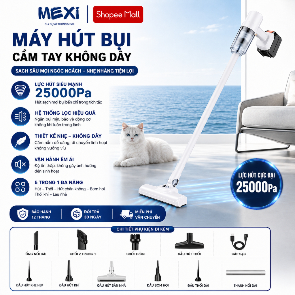 Máy Hút Bụi Cầm Tay Không Dây Đa Năng 5IN1 Lực Hút Cực Mạnh 25.000Pa,Bảo Hành 12 Tháng