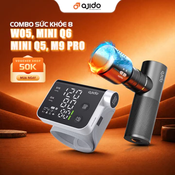 [COMBO 8] Máy Massage Cầm Tay Ajido Mini Q6, Giảm Đau Giãn Cơ + Máy Đo Huyết Áp Cổ Tay W05 Cảnh Báo Nhịp Tim Bất Thường