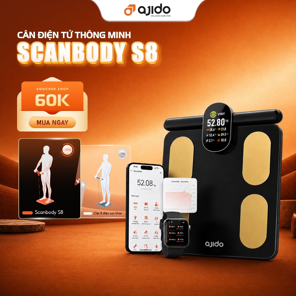 Cân Phân Tích Thành Phần Cơ Thể Ajido ScanBody S8, Inbody Thông Minh 31 Chỉ Số Sức Khỏe Kết Nối Với App Ajido Health