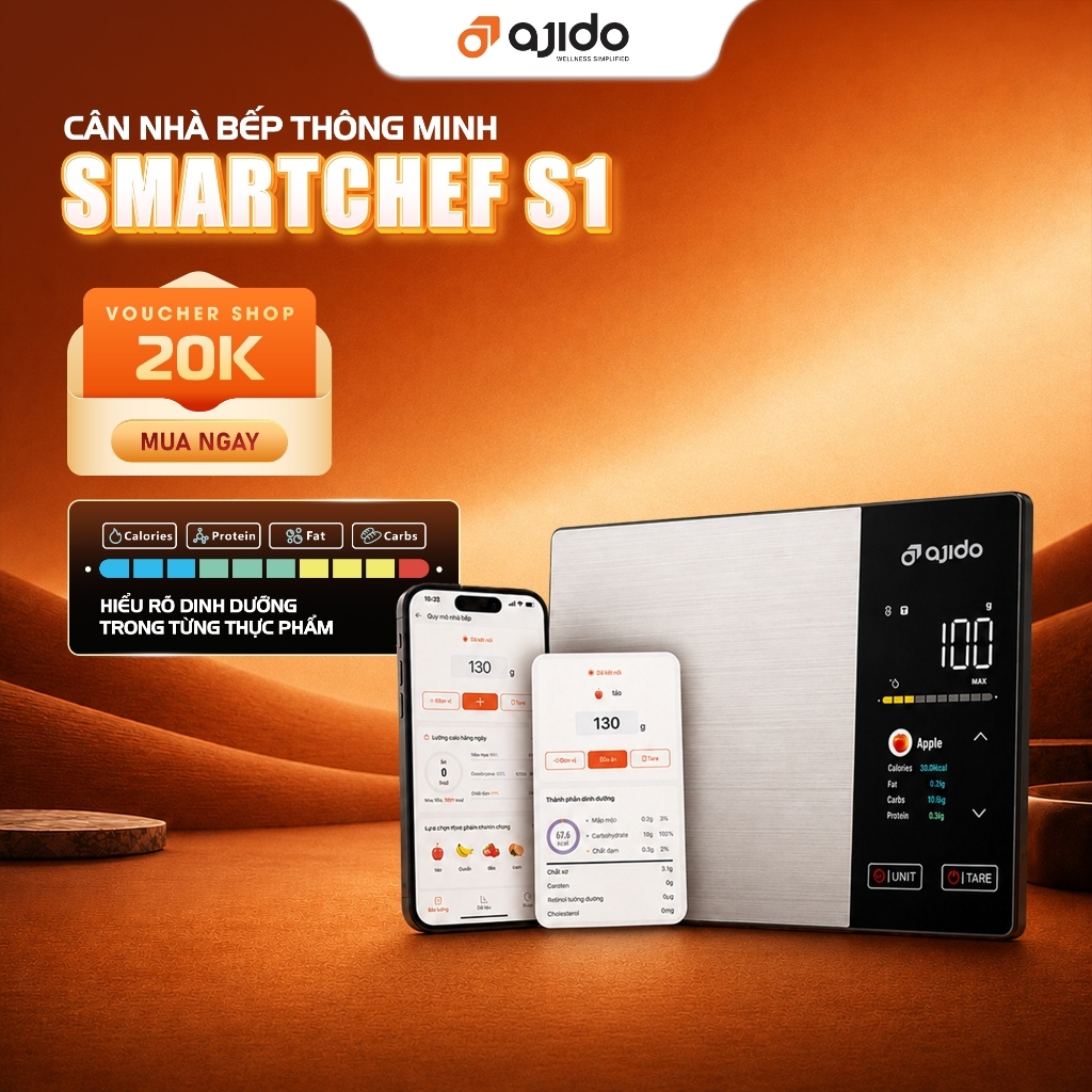 Cân Nhà Bếp Thông Minh Ajido SmartChef S1 – Cân Thực Phẩm Bluetooth, Chính Xác 1g, Tải Trọng 5kg, Theo Dõi Dinh Dưỡng