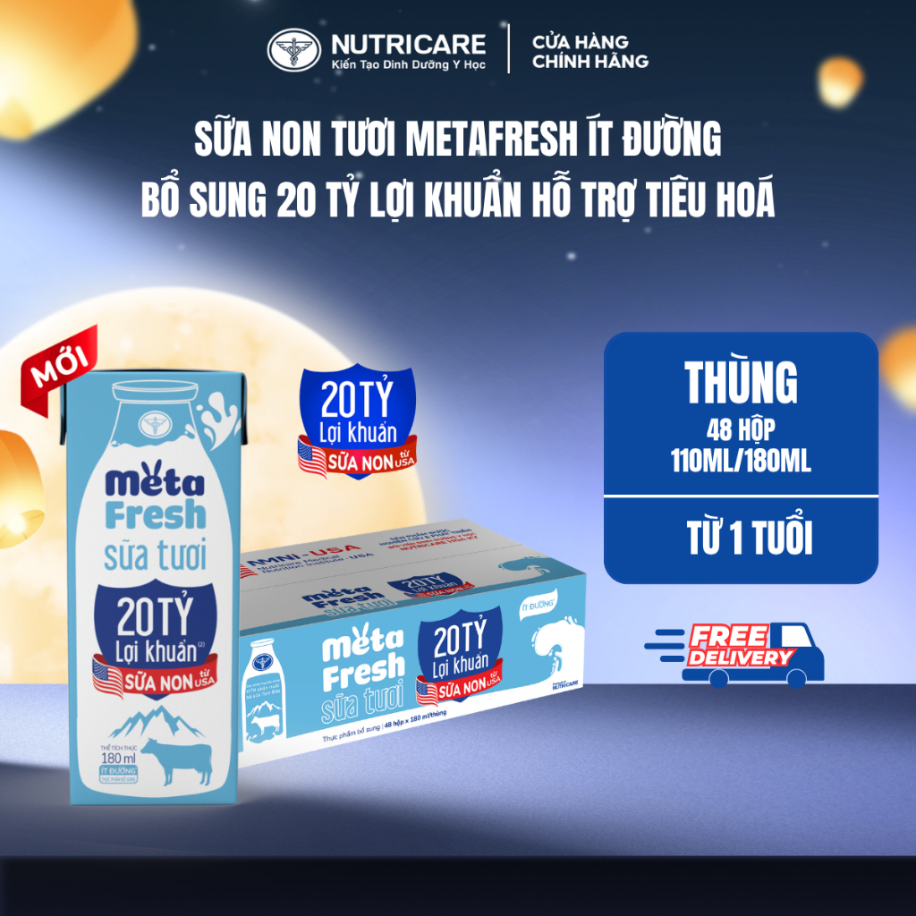 Thùng 48 Hộp Sữa Tươi META FRESH 20 TỶ LỢI KHUẨN Ít Đường Nutricare Sữa Tươi Tiệt Trùng Bổ Sung Lợi Khuẩn Chứa Sữa Non