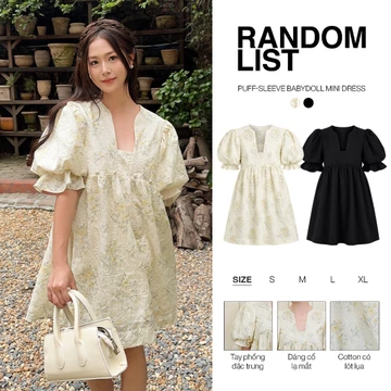 RANDOMLIST - Đầm babydoll tay phồng cổ thiết kế dáng suông ngắn - Puff Sleeve Babydoll Mini Dress