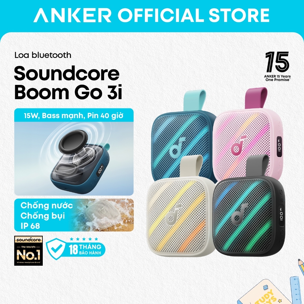 Loa bluetooth soundcore Boom Go 3i – 15W bass mạnh, pin 40H, chống nước và bụi IP68