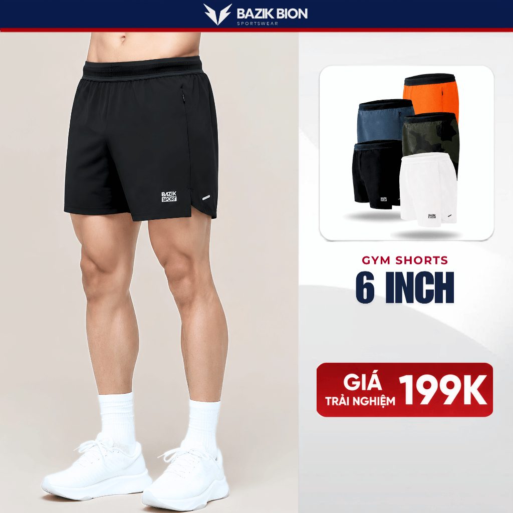 Quần Short Thể Thao Nam BAZIK 6 INCH Cạp Chun Thoáng Khí, Thoải mái Chạy bộ, Tập Gym - Q03