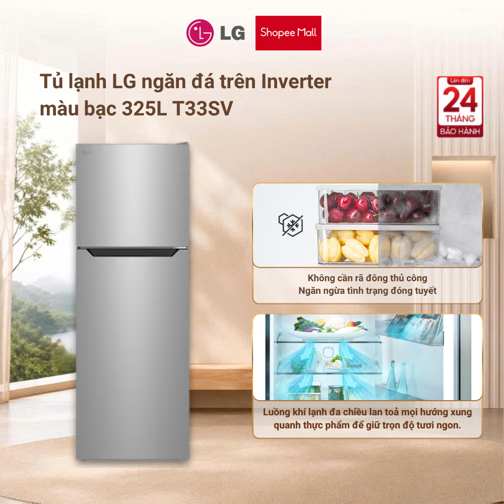 Tủ lạnh LG Inverter T33SV ngăn đá trên 325L màu bạc Chính hãng