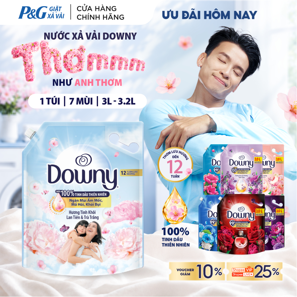 Nước Xả Vải DOWNY Tinh Dầu Thiên Nhiên/ Nước Hoa Cao Cấp/ Chống Khuẩn Nhiều Mùi Hương Túi 3L-3.2L