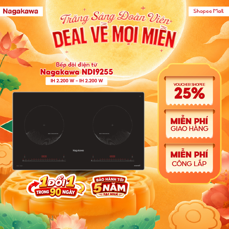 Bếp Từ Đôi Nagakawa NDI9255 4400W Inverter - Booster Nấu Nhanh - Kính Kanger - 12 Mức Công Suất