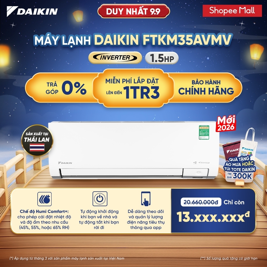 [MIỄN PHÍ LẮP ĐẶT 1TR3] MỚI 2026 - Máy lạnh Daikin Inverter 1 chiều FTKM35AVMV 1.5HP (12.000 BTU)