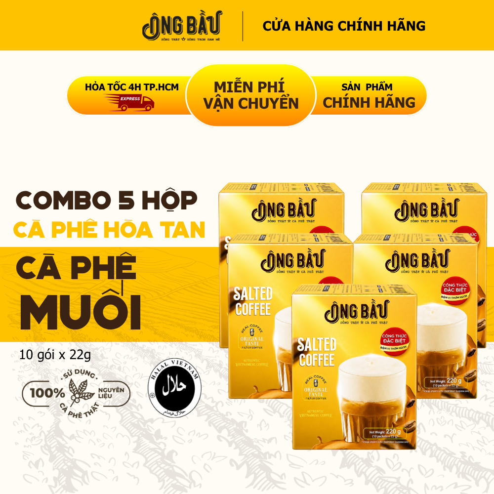 Ông Bầu – Combo 5 Hộp Cà Phê Muối Hòa Tan – Hộp 220g (10 gói lẻ)