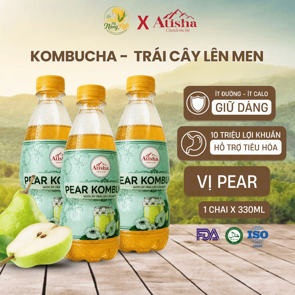 [Combo 3 Chai] Kombucha Atisha Vị Lê 330ml - Đẹp Da, Giữ Dáng Hỗ Trợ Tiêu Hoá