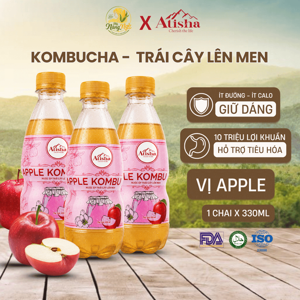 [Combo 3 Chai] Kombucha Atisha Vị Táo 330ml - Bổ Sung Lợi Khuẩn, Thanh Lọc Cơ Thể